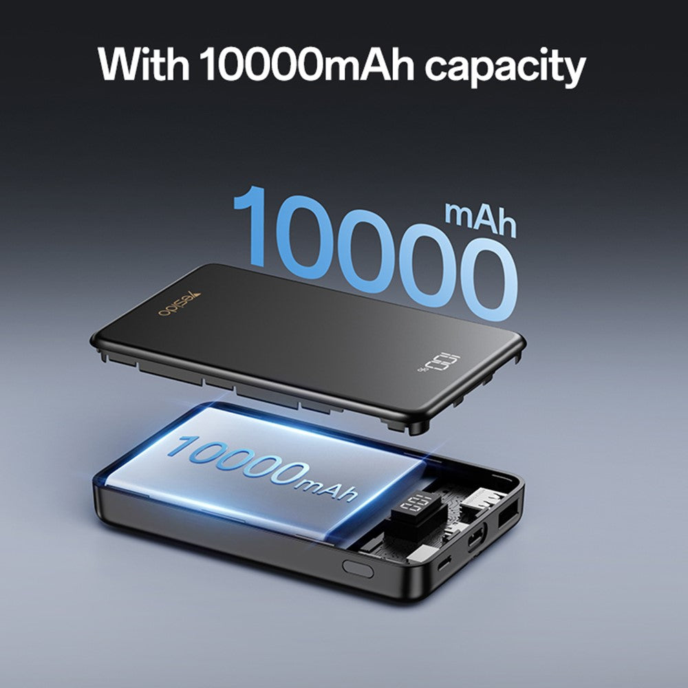 Power Bank - YESIDO YP75 10000mAh Digital Display Portable Charger 22.5W Fast Charging Power Bank Built In iP Cable
