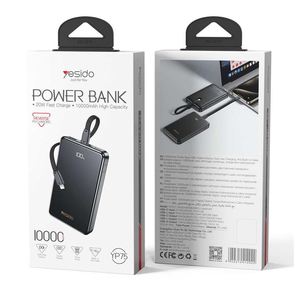 Power Bank - YESIDO YP75 10000mAh Digital Display Portable Charger 22.5W Fast Charging Power Bank Built In iP Cable