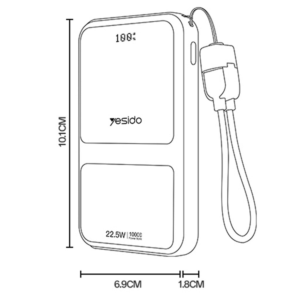 Power Bank - YESIDO YP95 22.5W 10000mAh Power Bank Digital Display Fast Charging Portable Charger with Type-C Lanyard
