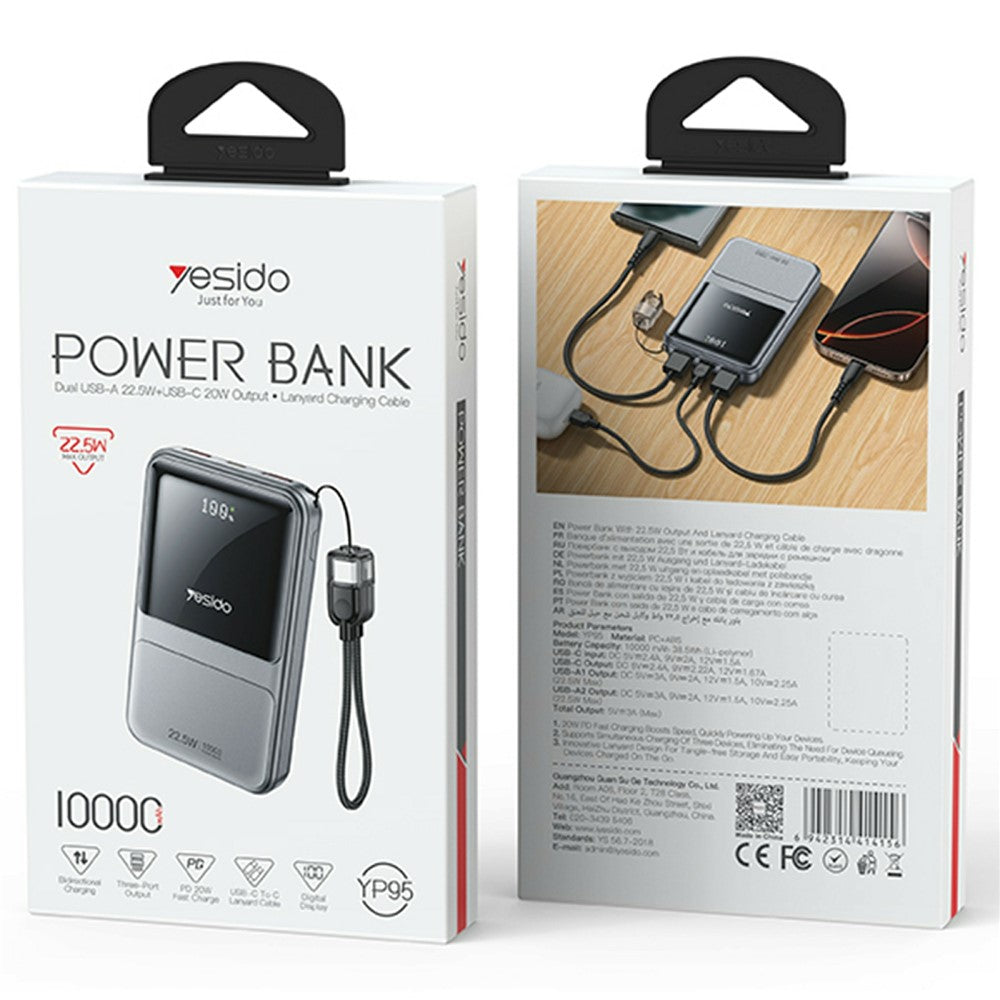 Power Bank - YESIDO YP95 22.5W 10000mAh Power Bank Digital Display Fast Charging Portable Charger with Type-C Lanyard