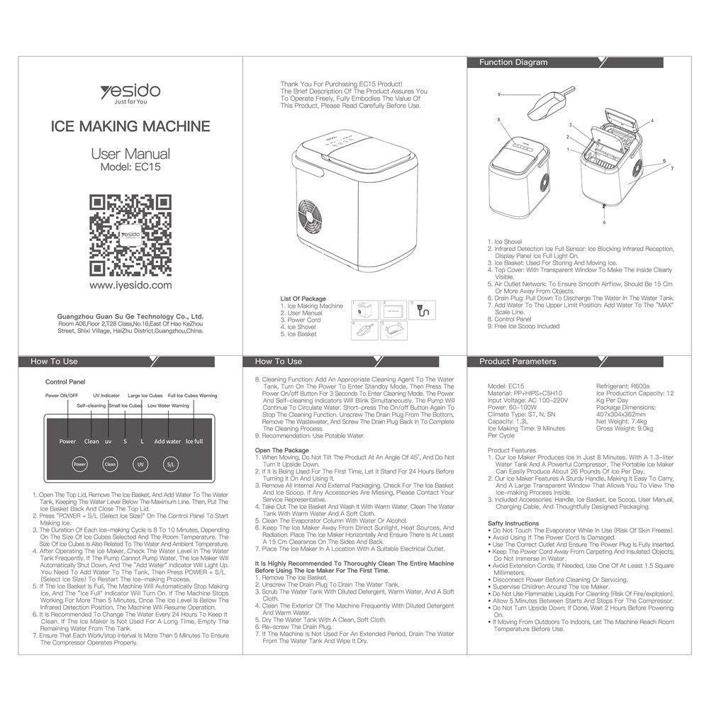 Ice Making Machine - YESIDO EC15 1.3L Portable Ice Maker Automatic Cleaning Ice Cube Making Machine (BPA Free, No FDA)