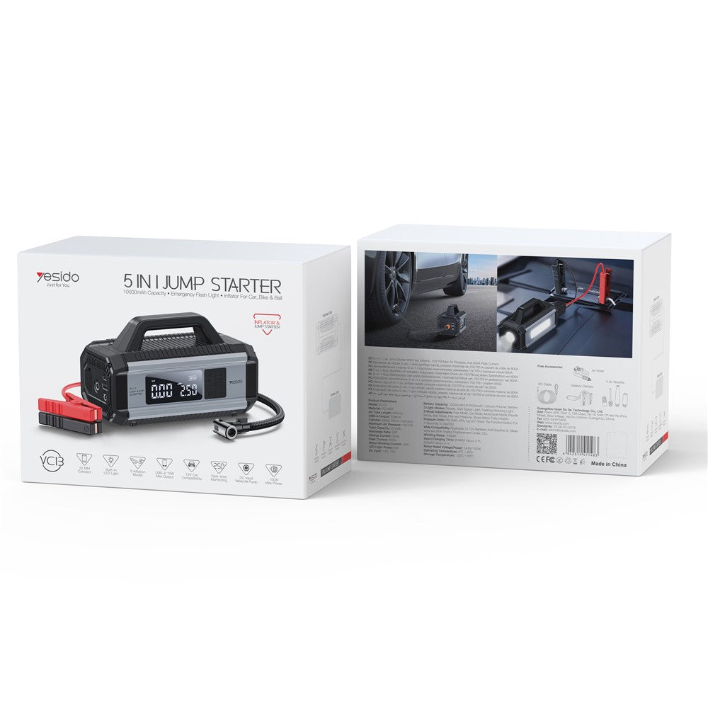 Car Jump Starter - YESIDO VC13 5 in 1 Car Jump Starter 150PSI Tire Inflator Pump 10000mAh Power Bank with Emergency Light