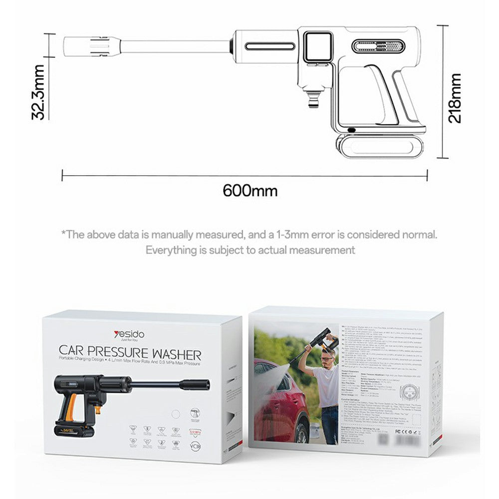 Car Pressure Washer - YESIDO VC18 High Pressure Washer Gun 2 Gears Adjustable Cordless Car Cleaner with LED Display