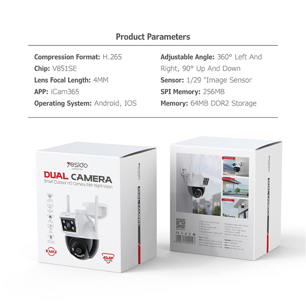 Dual Camera - YESIDO KM12 Dual Lens 400W HD Surveillance Camera 360 Degree Wireless WiFi 2.4G Camera with Two-Way Voice Support