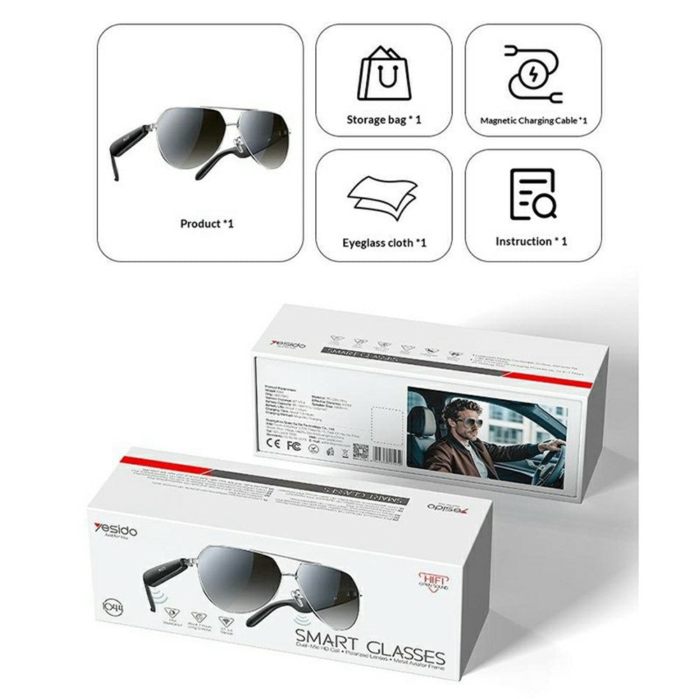 Smart Glasses - YESIDO IO44 Smart Audio Glasses Bluetooth Compatible 5.4 Open-Ear Headphones / Polarized Sunglasses with Microphone for Travel / Business