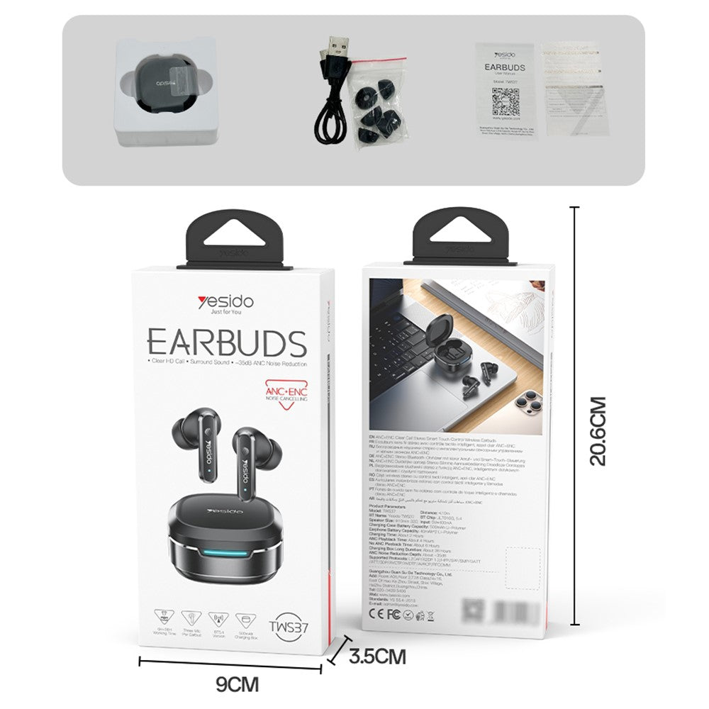 Ear Buds - YESIDO TWS37 Wireless Bluetooth-compatible Earbuds ANC + ENC Noise Reduction Smart Touch Control Earphones
