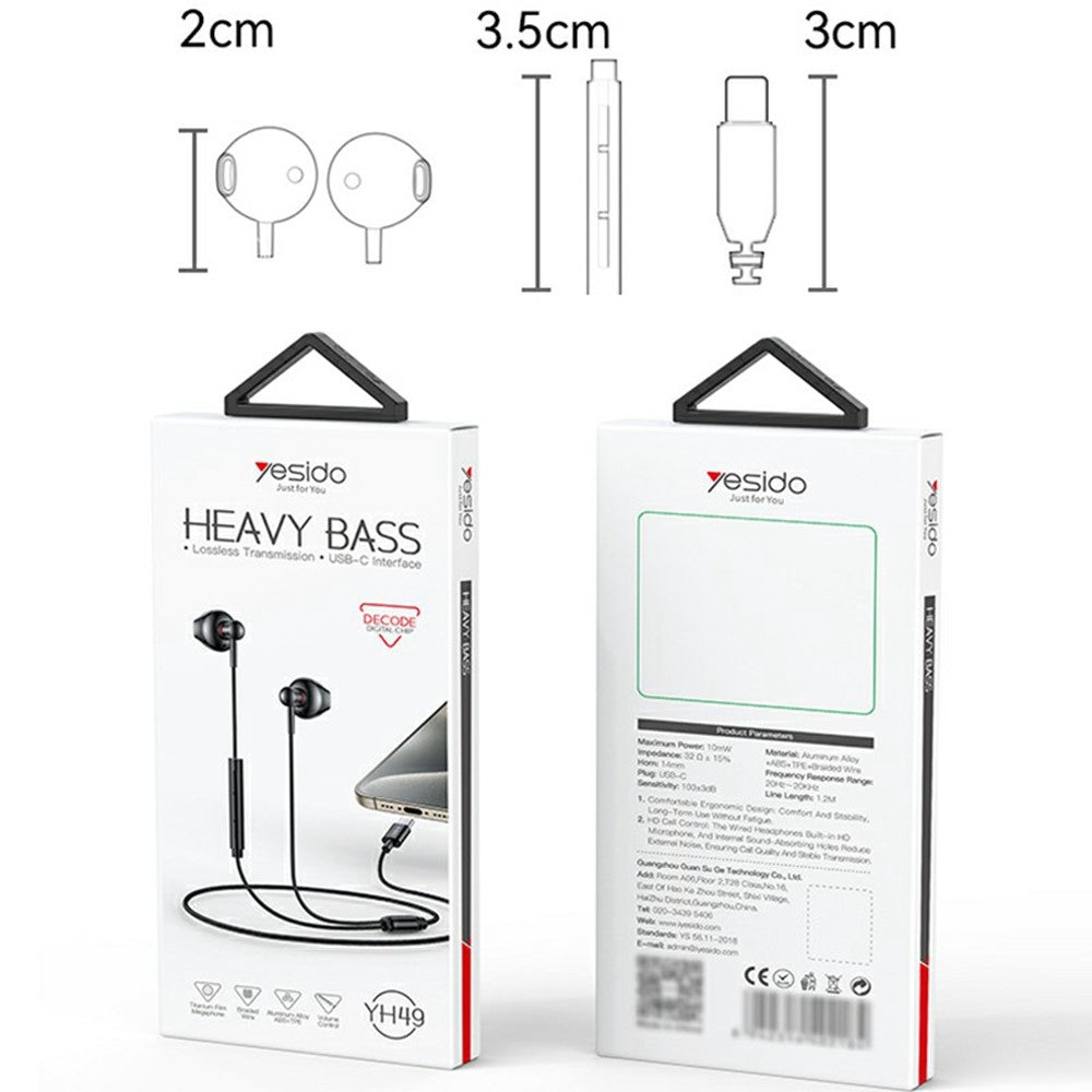 Heavy Bass - YESIDO YH49 Digital Headphones with Type-C Input, Lossless Sound, Wired Headphones for Desktop/Notebook/Tablet/Mobile Phone