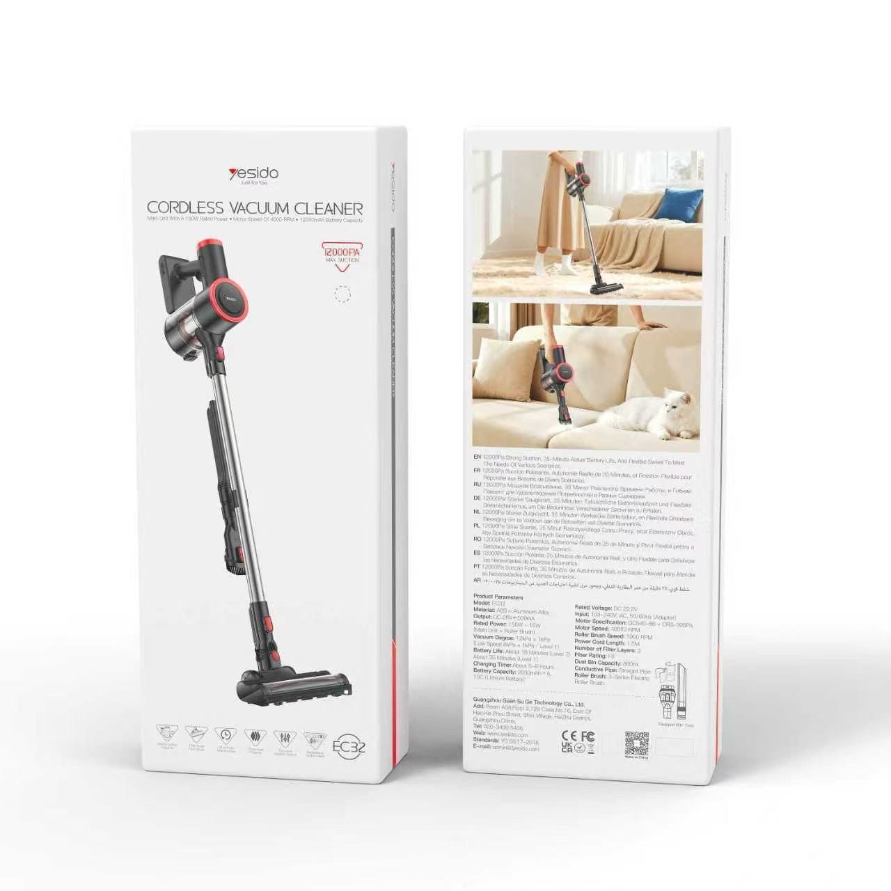 Cordless Vacuum - YESIDO EC32 Handheld Cordless Vacuum Cleaner 12000Pa Suction 12000mAh Multifunction Cleaning Dust Removal Tool for Home Car
