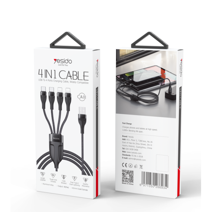 4 in 1 Cable - YESIDO CA111 4 in 1 USB to 2 TC+ 2 IP Nylon Braided Wire Mobile Phone Charger Data Cable