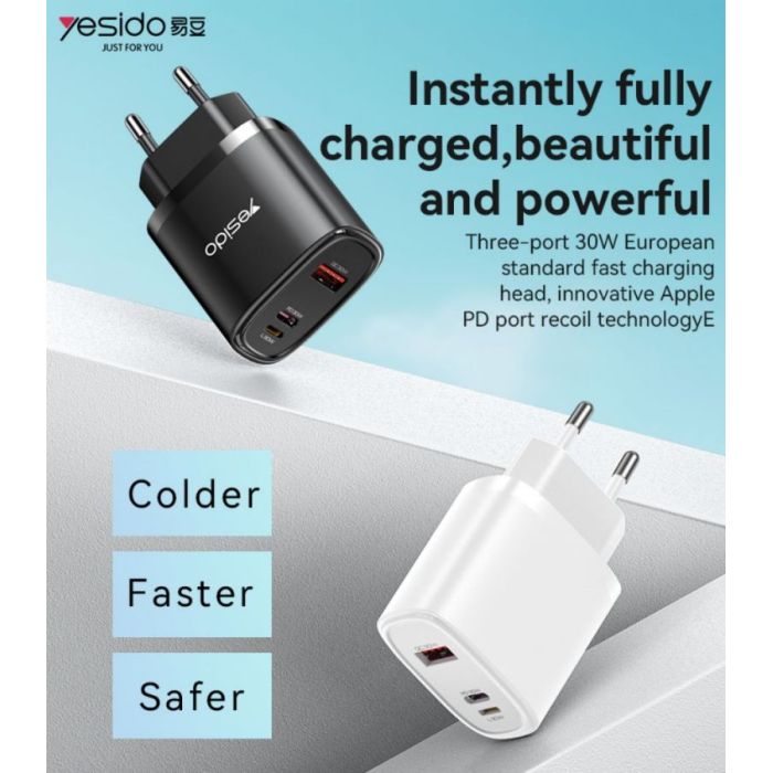 Quick Charger - YC52 PC Fireproof Shell Multi-charging With One Data Cable 30W Three Ports Fast Charging EU Charger