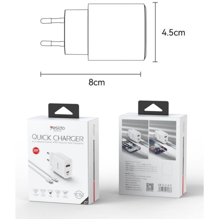 Quick Charger - YC52 PC Fireproof Shell Multi-charging With One Data Cable 30W Three Ports Fast Charging EU Charger