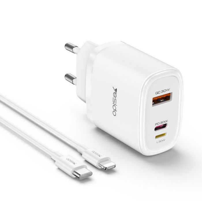 Quick Charger - YC52 PC Fireproof Shell Multi-charging With One Data Cable 30W Three Ports Fast Charging EU Charger