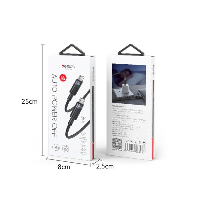 Auto Power Off - YESIDO CA160 Aluminum Alloy Shell 60W Fast Charging Type-C To Type-C Auto Disconnecting Charging Data Cable