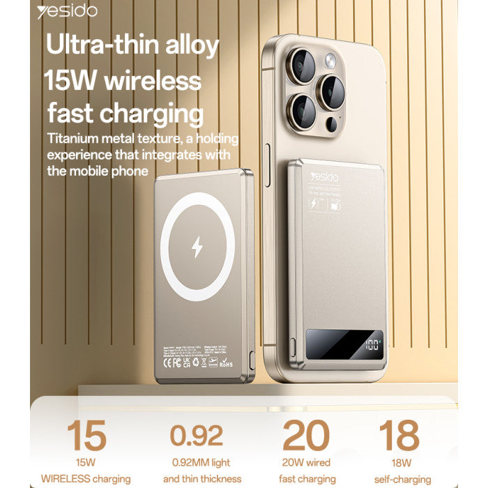 Power Bank - YESIDO YP66 5000mAh 15W Wireless Fast Charging Digital Display Power Aluminum Alloy Magnetic Power Bank