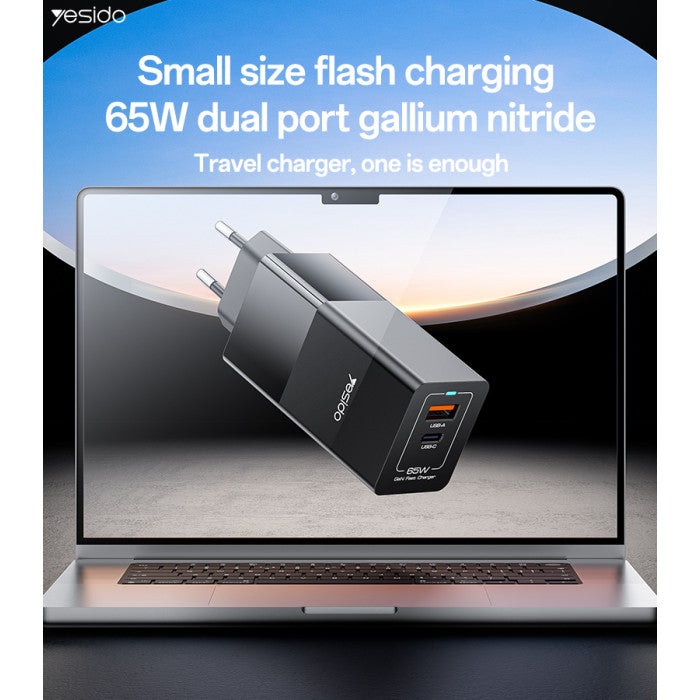 Gan Charger - YC73 65W Fast Charging USB & Type-C Dual Ports PC Fireproof GaN European Specification Charger