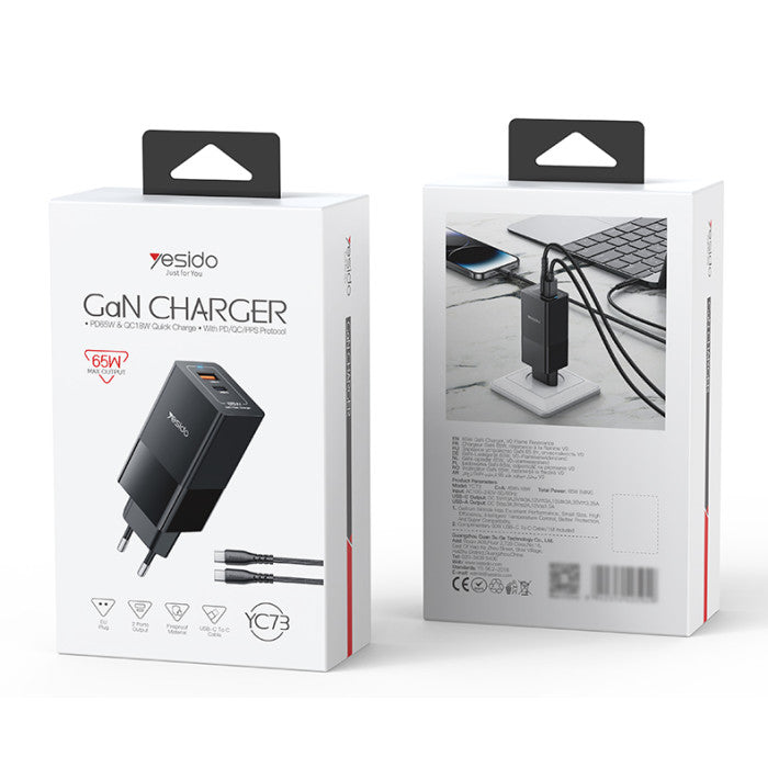 Gan Charger - YC73 65W Fast Charging USB & Type-C Dual Ports PC Fireproof GaN European Specification Charger