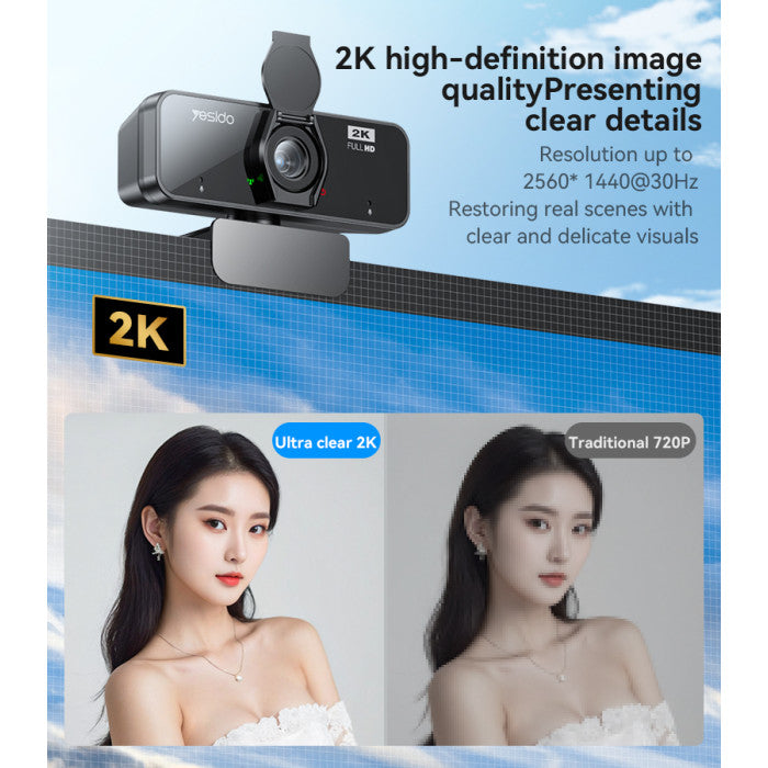 USB Web Camera - YESIDO KM14 360 Ratation 2K 2 Million Pixels HD Camera Built-in Microphone Autofocus 1.5M Line USB Camera