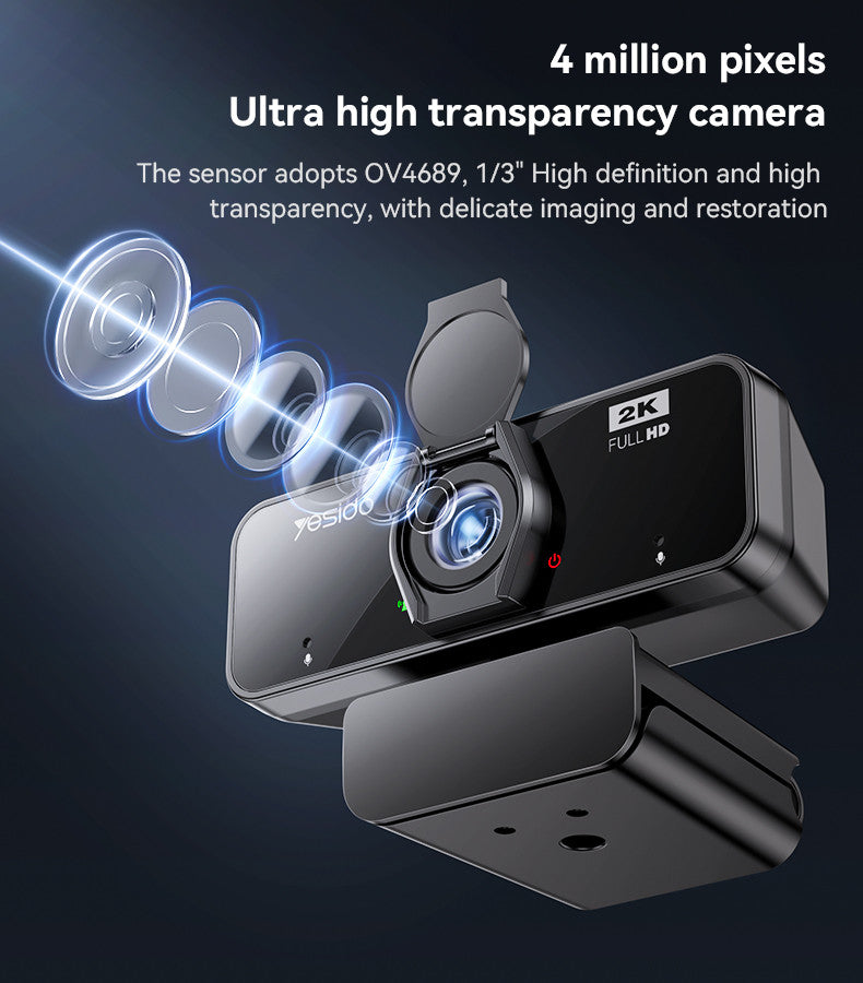 USB Web Camera - YESIDO KM14 360 Ratation 2K 2 Million Pixels HD Camera Built-in Microphone Autofocus 1.5M Line USB Camera