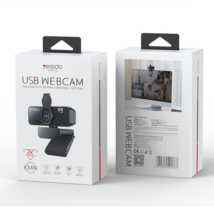 USB Web Camera - YESIDO KM14 360 Ratation 2K 2 Million Pixels HD Camera Built-in Microphone Autofocus 1.5M Line USB Camera