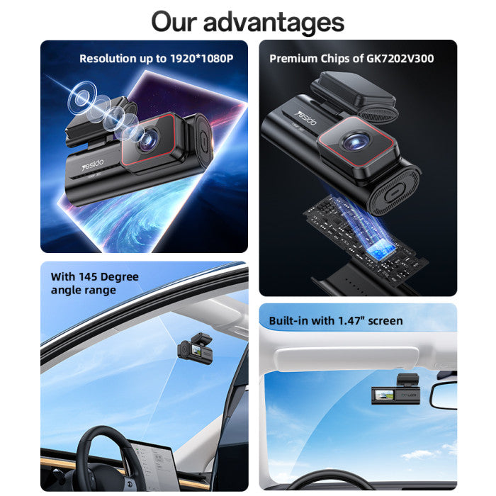 Car Dash Cam - YESIDO KM21 1K High Clear Camera 145 Degree Range Built-in With 1.47" Screen Front way Car Driving Recorder