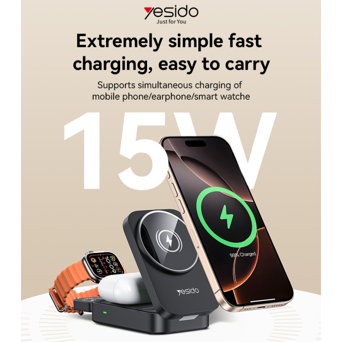 Wireless Charger - YESIDO DS27 15W Wireless Fast Charging Multiple Protections Foldable Design 3-in-1 Desktop Wireless Charger