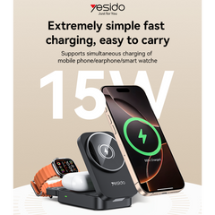 Wireless Charger - YESIDO DS27 15W Wireless Fast Charging Multiple Protections Foldable Design 3-in-1 Desktop Wireless Charger