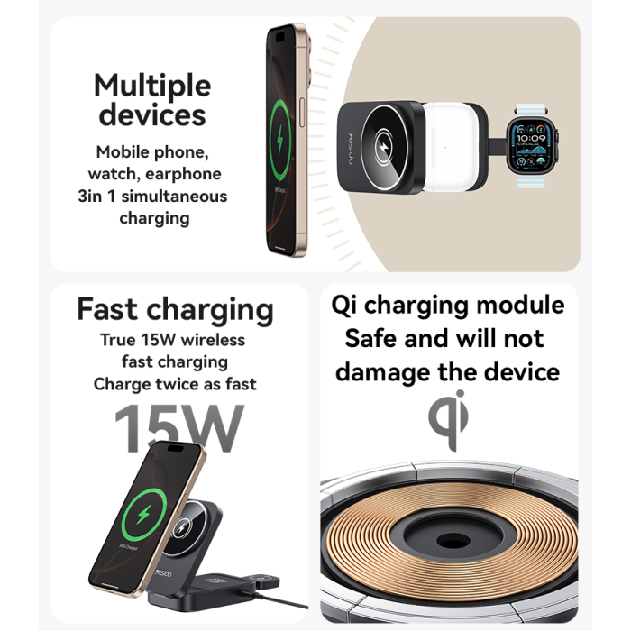 Wireless Charger - YESIDO DS27 15W Wireless Fast Charging Multiple Protections Foldable Design 3-in-1 Desktop Wireless Charger