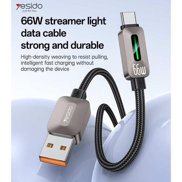 Data Cable - YESIDO CA137C 1.2 Meter 66W Fast Charging USB to Type-C Streamer Light Support CarPlay Zinc Alloy Data Cable