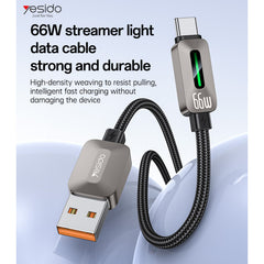 Data Cable - YESIDO CA137C 1.2 Meter 66W Fast Charging USB to Type-C Streamer Light Support CarPlay Zinc Alloy Data Cable
