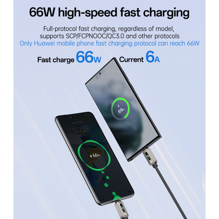Data Cable - YESIDO CA137C 1.2 Meter 66W Fast Charging USB to Type-C Streamer Light Support CarPlay Zinc Alloy Data Cable