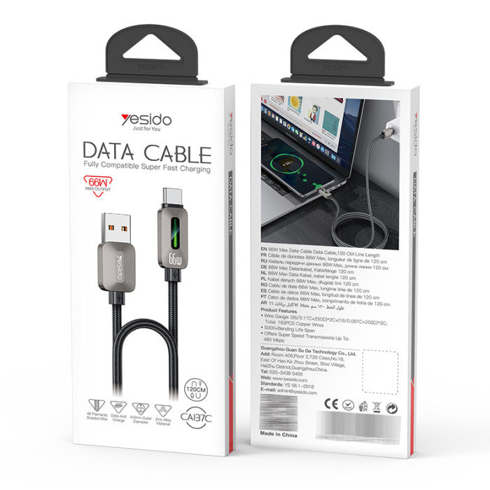 Data Cable - YESIDO CA137C 1.2 Meter 66W Fast Charging USB to Type-C Streamer Light Support CarPlay Zinc Alloy Data Cable