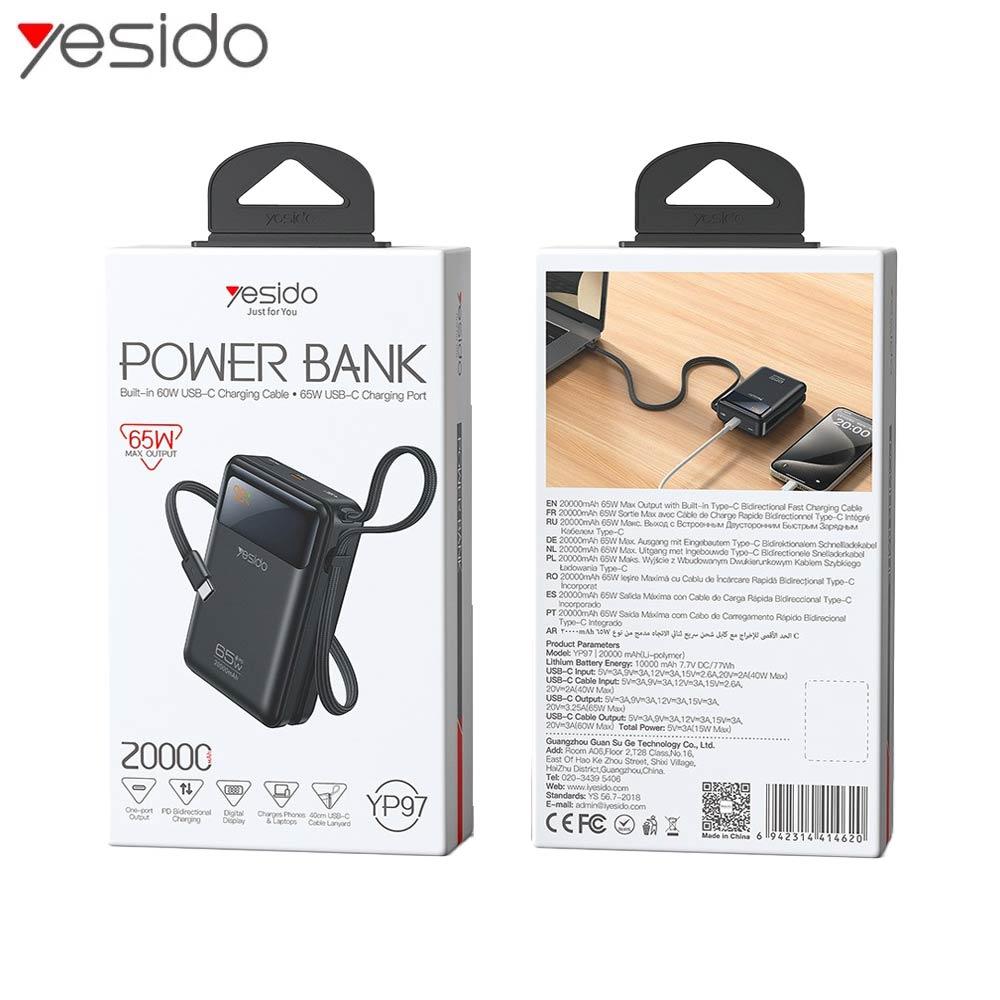 Power Bank - YESIDO YP97 Digital Display 20,000 mAh 65W Fast Charging Powerbank with Built-in Type C Cable, Laptop Charger