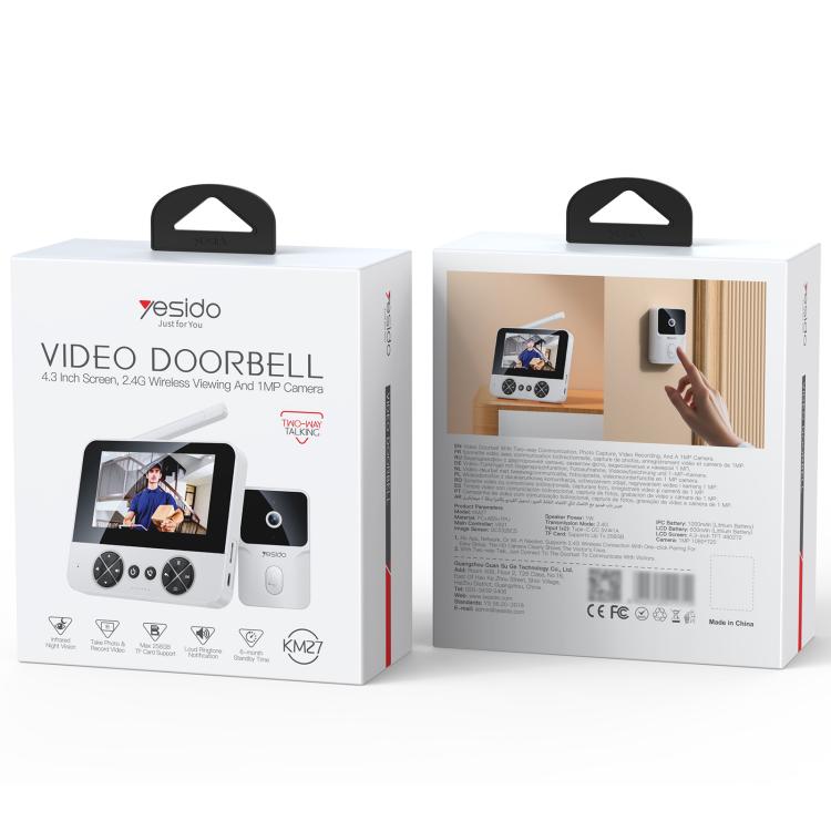 Video Doorbell - Yesido KM27 4.3 inch TFT Screen 2.4G Wireless Video Intercom Doorbell