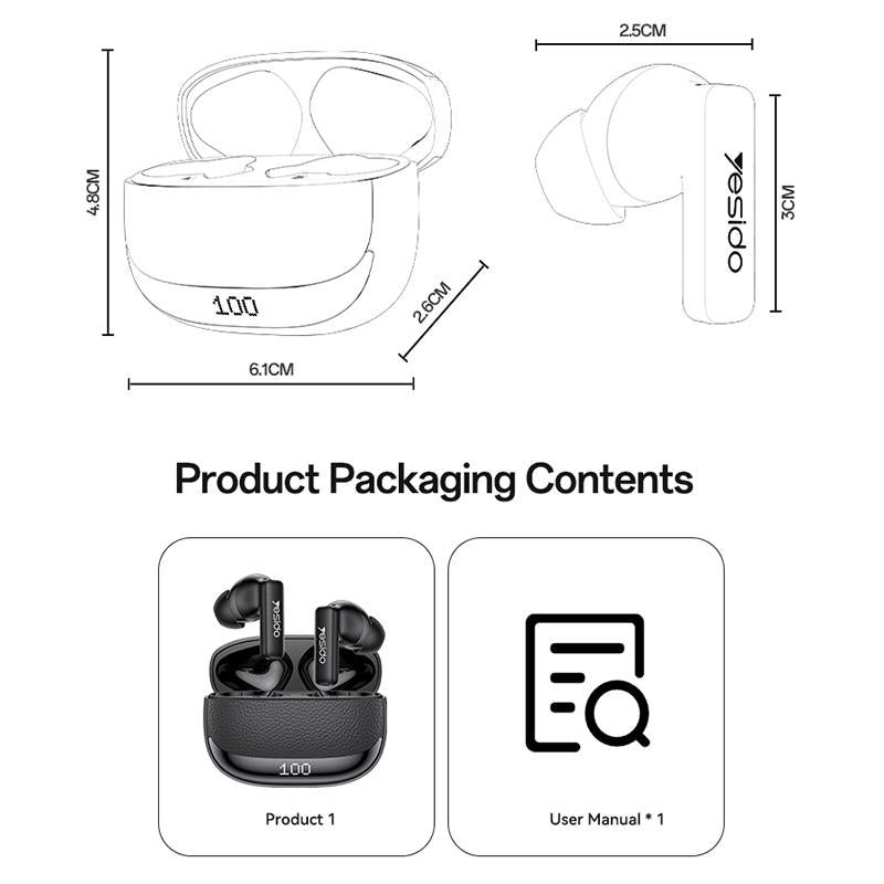 Ear Buds - YESIDO TWS40 Quad-Microphone ANC+ENC Noise Reduction TWS Bluetooth Earphone