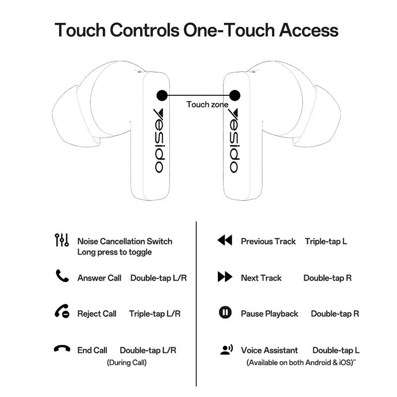 Ear Buds - YESIDO TWS40 Quad-Microphone ANC+ENC Noise Reduction TWS Bluetooth Earphone