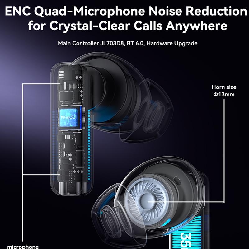 Ear Buds - YESIDO TWS40 Quad-Microphone ANC+ENC Noise Reduction TWS Bluetooth Earphone