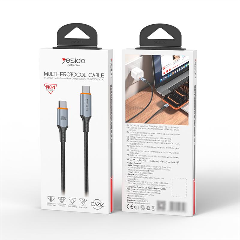 Multi Protocol Cable - YESIDO CA212 140W Type-C to Type-C Super Fast Charging Data Cable, Length: 1.2m